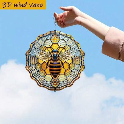 1개 3D 모자이크 벌 풍경 - 벌집 및 벌 디자인의 360° 회전 철제 걸이 장식, 10인치 정사각형 야외/실내 정원 장식, 크리스마스, 결혼식, 파티에 적합 - 바람으로 작동하는 윙윙거리는 소리 (배터리/전원 필요 없음)
