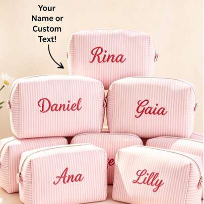 Customized Text & Striped Travel Toiletry Bag - Personalized Zipper Cosmetic Organizer Pouch, Portable Polyester Storage Box, Suitable For Travel, School, Dorm Or Home - Perfect Gift For Mom And Wife, School Essential Organizer, Waffle Material + Exclusive Name Embroidery, Christmas, Valentine's Day Gift, Makeup Brush Holder, Makeup Mirror Makeup Brush Lipstick Organizer, Portable For Business Trip And Travel. Suitable For Storing Cosmetics, Stationery, Car Accessories Christmas Beauty Accessories ,Travel Organizer