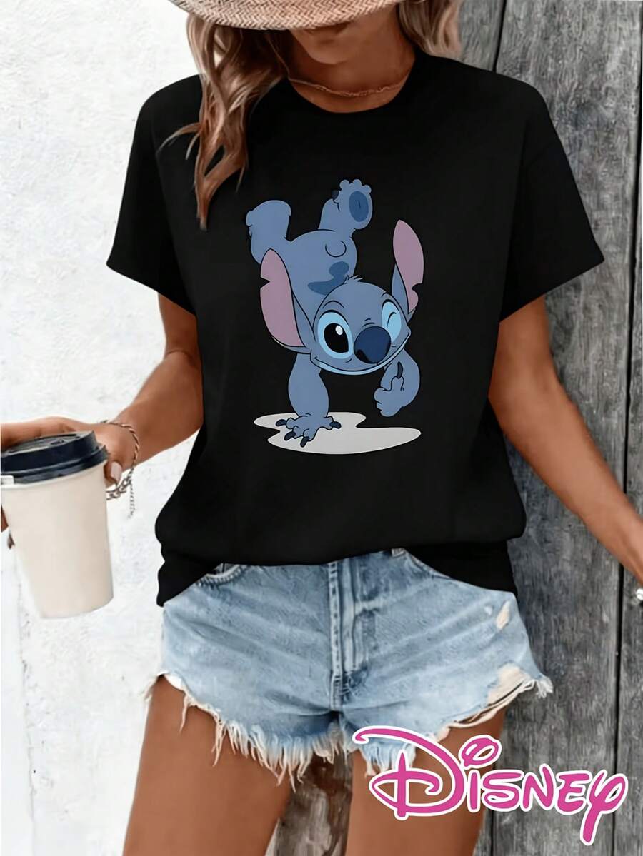 Disney License T Shirts, Disney Lilo & Stitch Cute UpsideDown Stitch Graphic Tee, Kawaii Cartoon Print Short Sleeve Crew Neck Loose Fit T-Shirt For Women & Teen Girls, Summer Daily Wear Oversized Tops,  Disney Stitch Tshirt For Fans, Disney World Trip Shirt, Disneybound Gift For Stitch Lovers, Birthday Gift For Her  ,Camiseta, Summer Outfits For Women, Summer Clothes, Summer Tops, Tops For Women, Festival Outfits, Summer Tops For Women, Mother's Day, Mother's Day Clothing, Gifts For Family And Friends, Spring Outfits For Women, Officially Licensed Disney T-Shirts, Disney Men's And Women's Spring/Summer Fashion Casual Short-Sleeve T-Shirts - Black - View 1