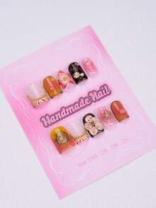 10 piezas de uñas postizas hechas a mano, uñas falsas cuadradas cortas con degradado de atardecer, adorno de flor 3D y estrella de mar, acento dorado y de perla, uñas postizas de cobertura completa brillante para mujeres, suministros de arte de uñas de verano y playa - Multicolor - Ver 3