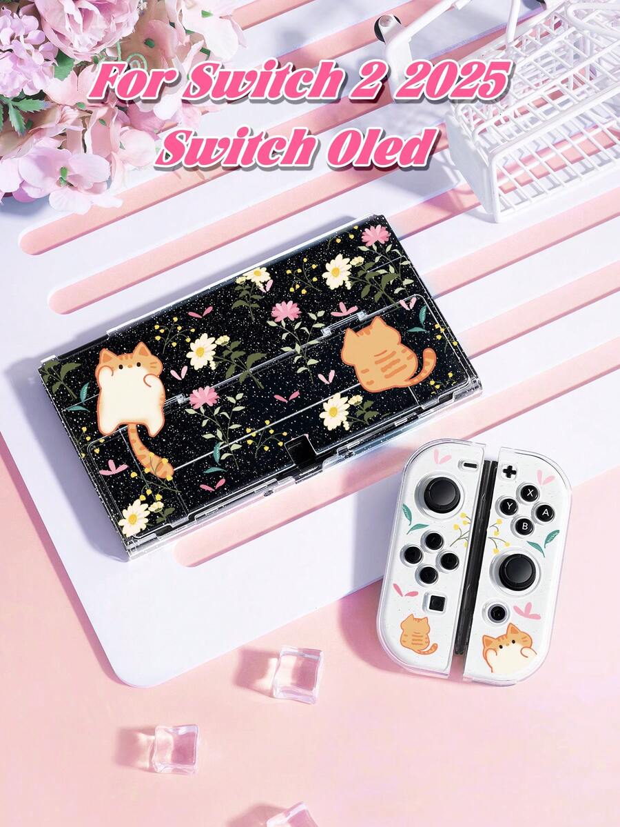 1个卡通猫花涂鸦图案透明闪光保护壳，兼容Switch 2 (2025) / Switch OLED主机和Joy-Con手柄，Switch玩家的最佳礼物 - 查看 1