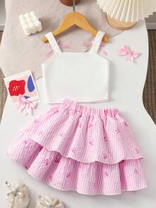 Toddler Girls' White Bow Strap Dress Set, Solid Color Minimalist Strap Top + Elastic Waist Striped Layered Skirt 2Pcs Set, Sweet Style For Summer Holiday & Daily Wear - Pink - View 6