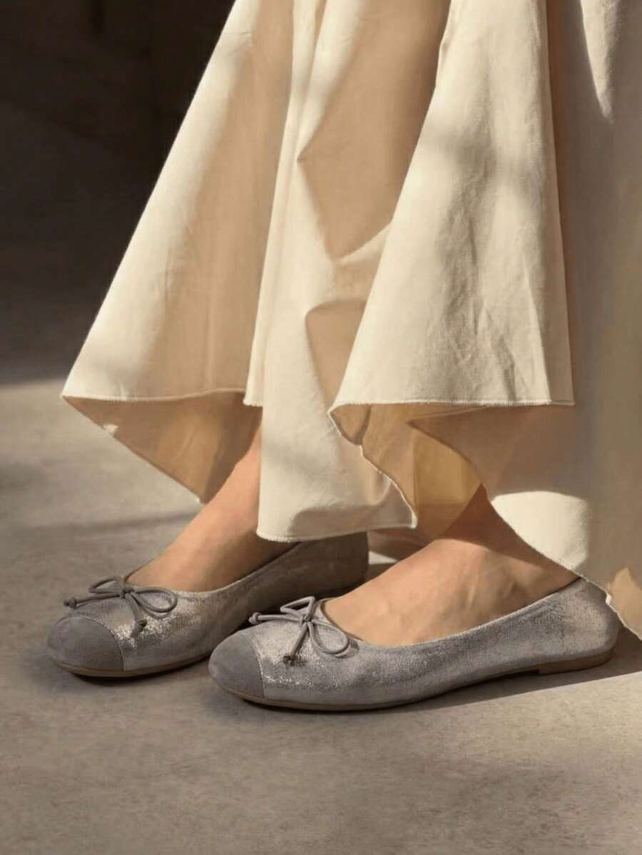 Elegant Ballet Shoes, Contrasting Toe With Decorative Bow - Classic Style Reinterpreted - Dark Grey - View 1