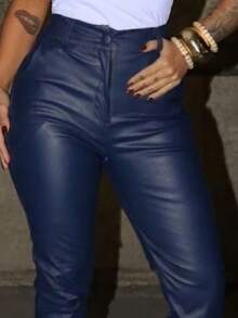 Women's Premium Faux Leather Skinny Pants, High Waist, Autumn/Winter - 藏蓝色 - 查看 4