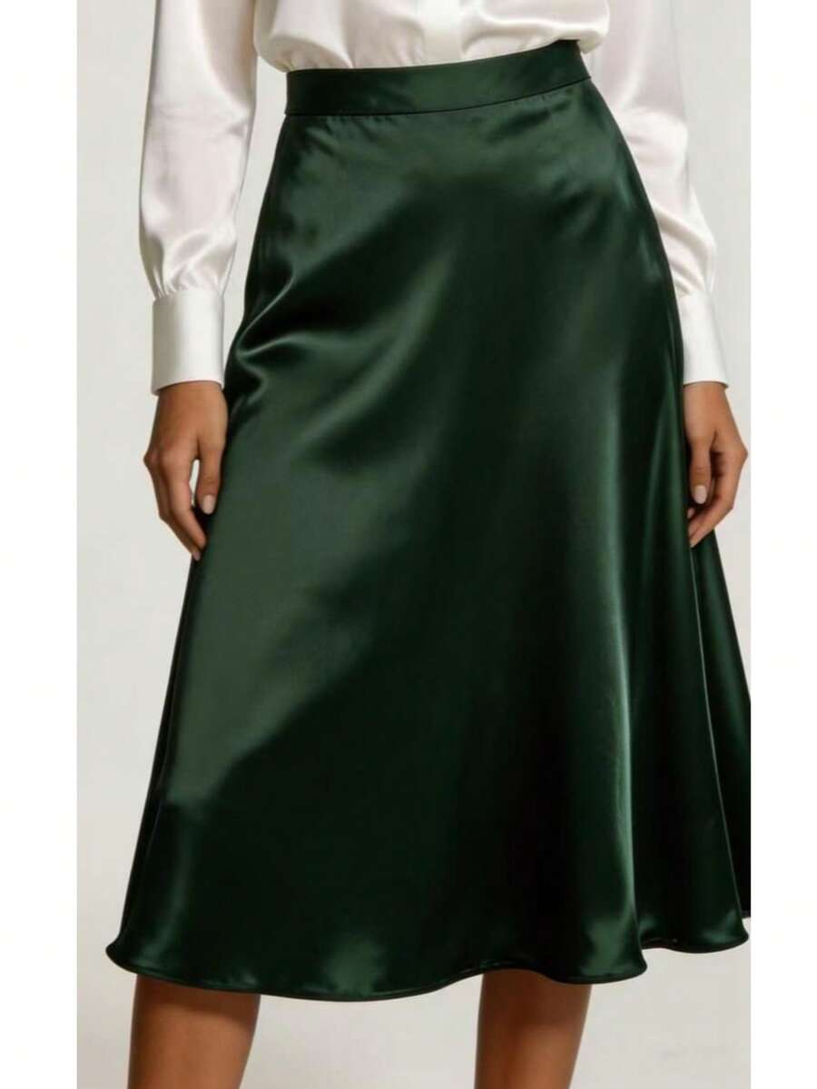 Women's Satin Midi Skirt - Maxma 7108 - 軍綠色 - 查看 1
