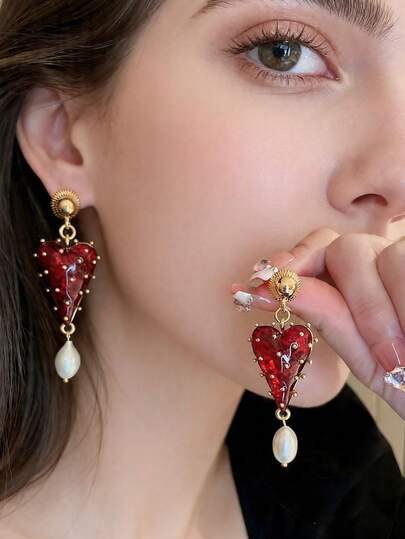 1 Pair Wine Red Vintage Heart-Shaped Baroque Faux Pearl Earrings, Retro Palace Style Earrings - Suitable For Women's Daily Wear, Parties, Gifts