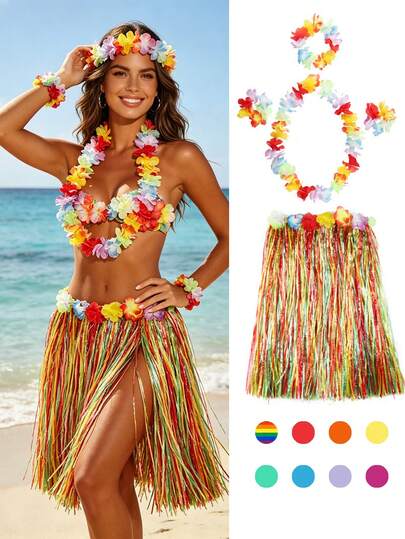 Set de 5 piezas/4 piezas/1 pieza Falda de hierba hawaiana, Disfraz de traje de baile tropical, Decoración de fiesta de playa, Conjunto de disfraz de fiesta temática hawaiana, Conjunto de hojas artificiales verdes, Incluye 2 pulseras, 1 diadema, 1 collar y 1 falda, Accesorios y suministros para fiesta hawaiana tropical