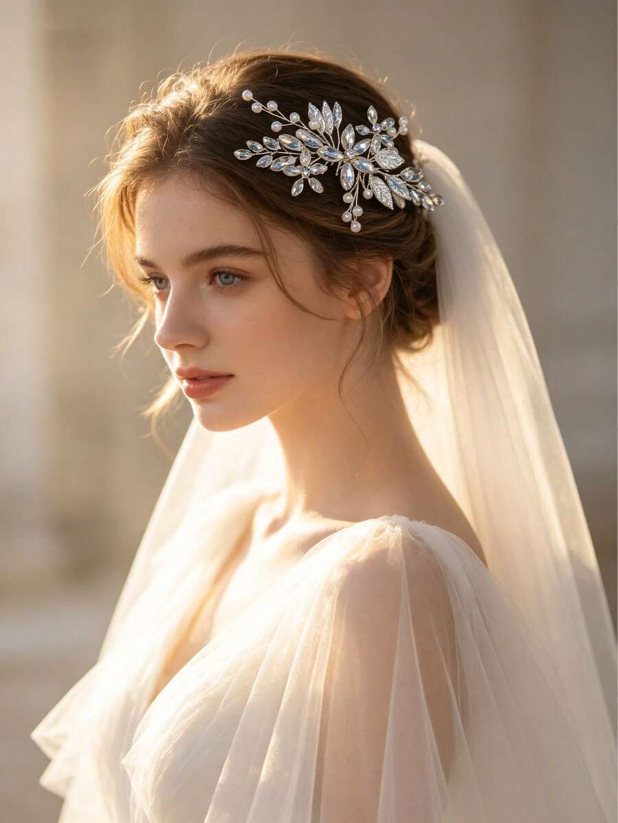 Handmade Rhinestone Leaf Bridal Hair Comb, Romantic Wedding Headpiece - Silver - View 1