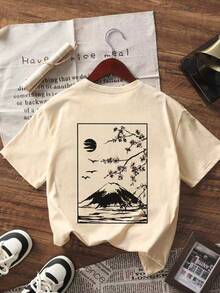 Neuer Sommer Minimalistischer, modischer Floral- & Schmetterlings-Muster Casual Rundhals Kurzarm-Shirt, vielseitig tragbar für denäglichen Gebrauch von Frauen - Aprikosenfarben 3 - Übersicht 5