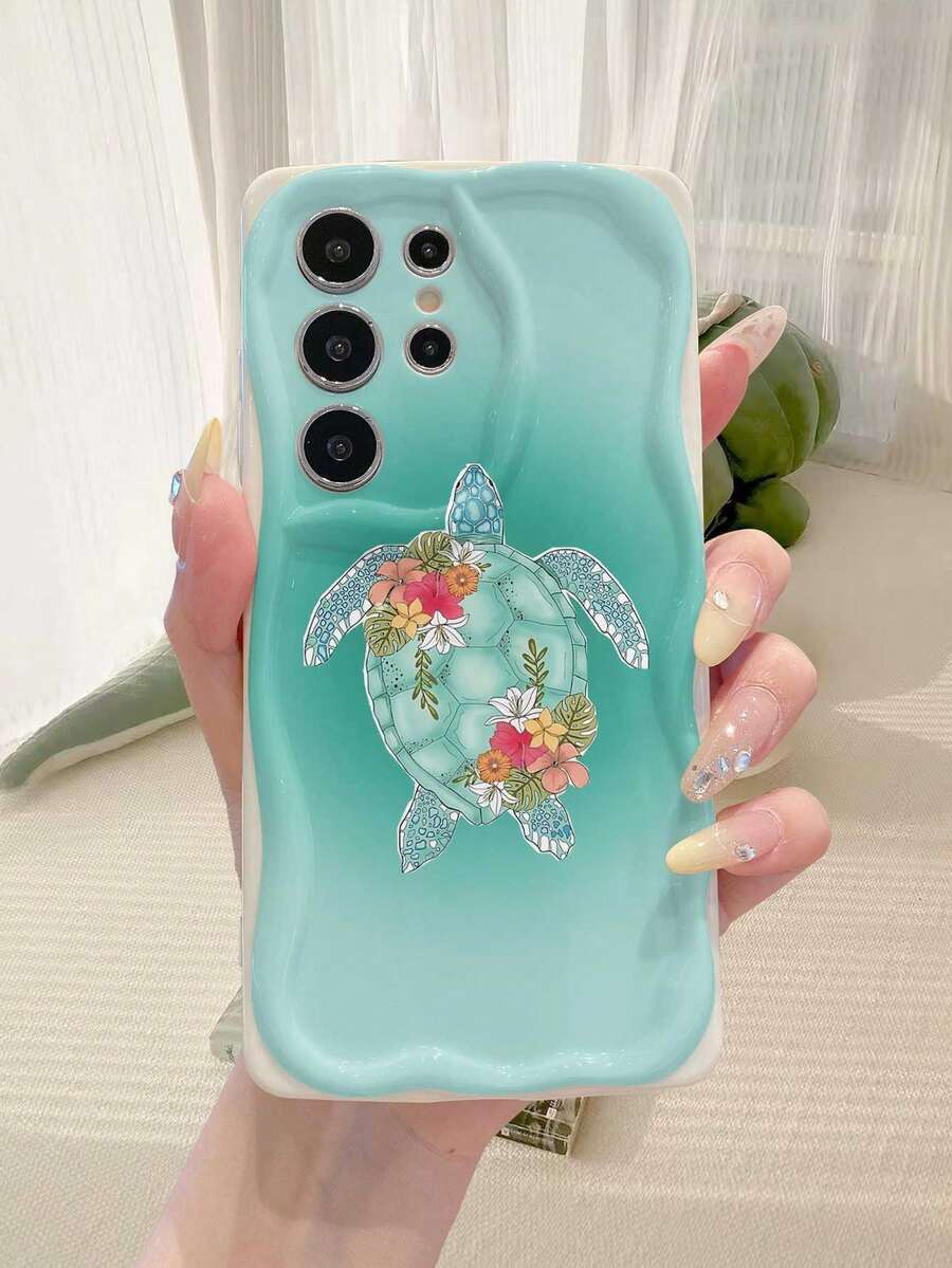 1pc Fashionable TPU Phone Case With Sea Turtle Graphic On Blue Background And White Cream Texture, Thick Anti-Slip Protective Cover Compatible With IPhone, Honor, - Beige - View 1