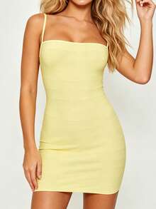 Women's Knit Mini Dress Solid Color Spaghetti Strap Sleeveless Bodycon Cami Dress - 淺黃色 - 查看 3