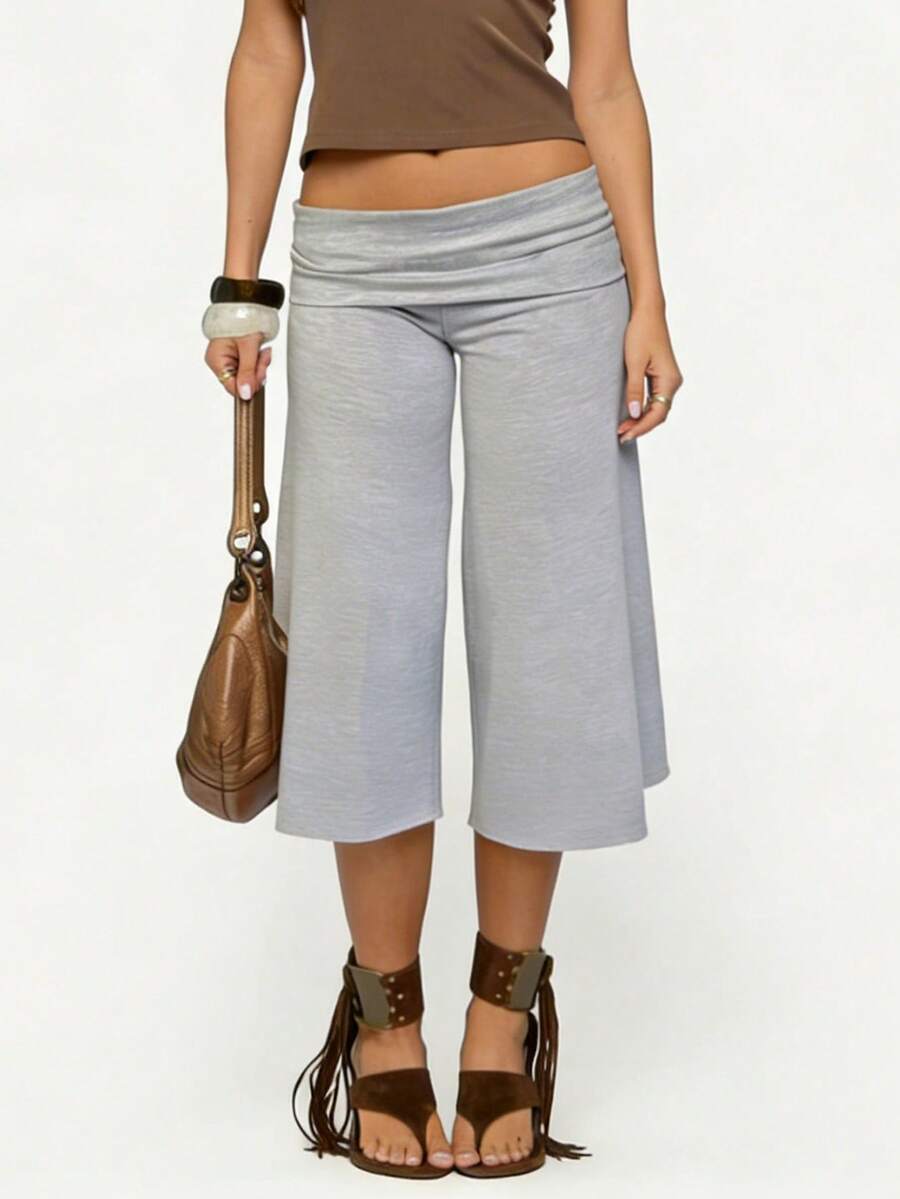 Women Fold Over Wide Leg Capri Pants Low Rise Loose Fit Lounge Yoga Flare Culottes Cropped Pants Summer Flowy Palazzo Pants Going Out Cropped Trousers - 淺灰色 - 查看 1