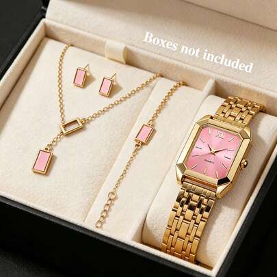 Luxury Compact Steel Quartz Watch And Gold Powder Hollow Cube Necklace Earrings Jewelry Set, Gold Teenage Steel Band Analog Wrist Watch Set, Steel Folding Buckle Strap, Inlaid Design, Suitable For Daily, Party, Banquet Outfits, Back To School Season, Music Festival Selected Goods, Birthday Gift For Others, No Box Included