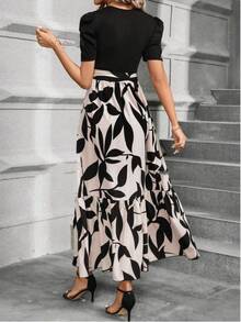 Women's Printed Maxi Dress Short Puff Sleeve Crew Neck Tie Waist Casual Long Dress For Daily Wear Party - 黑色 - 查看 2