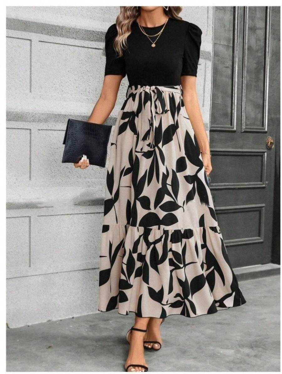 Women's Printed Maxi Dress Short Puff Sleeve Crew Neck Tie Waist Casual Long Dress For Daily Wear Party - 黑色 - 查看 1