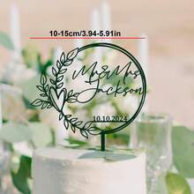 1pc Customized Wedding Cake Topper, Heart-Shaped Acrylic Cake Decoration Board With Personalized Name And Date, Fashionable Floral Wreath Wedding Cake Decor, Golden Boho Style, Customized Surname And Date, Multi-Color Options - F-wreath Wedding Cake Holder Label - View 13
