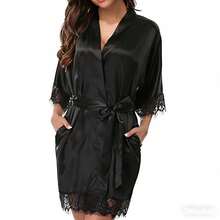 1 Piece Women's Solid Color Elegant Laced Autumn/Winter Robe, Sexy Short Satin Silk Soft Pajamas, Suitable For Brides, Bridesmaids, And Home Wear, Wedding Season Short Dress Robe, Morning Gown And Sleepwear - Black - View 1