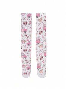 半双装 360°爱心印花过膝袜，甜美少女风，高弹亲肤冰丝面料，日系洛丽塔/JK风格，修身剪裁，适合春夏、日常穿着、动漫展、甜美酷炫穿搭、通勤，Y2K复古风 - 白色 - 查看 6