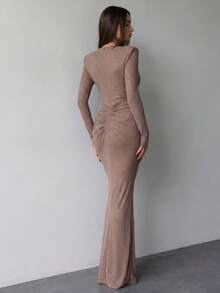 Women's Sequin Maxi Dress Deep V Neck Twist Front Bodycon Long Sleeve Elegant Evening Gown Slim Fit Formal Party Dress - 巧克力棕 - 查看 2
