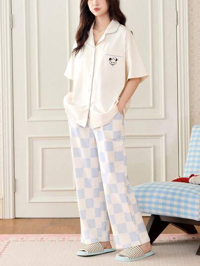 Gongdie Bộ đồ ngủ cotton 2 món gồm áo ngắn tay và quần dài in hình hoạt họa, thoáng khí, thích hợp cho mùa xuân và mùa hè.