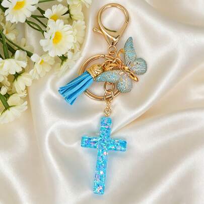 1pc Blue Sequin Cross & Butterfly Tassel Decor Bag Charm Gift