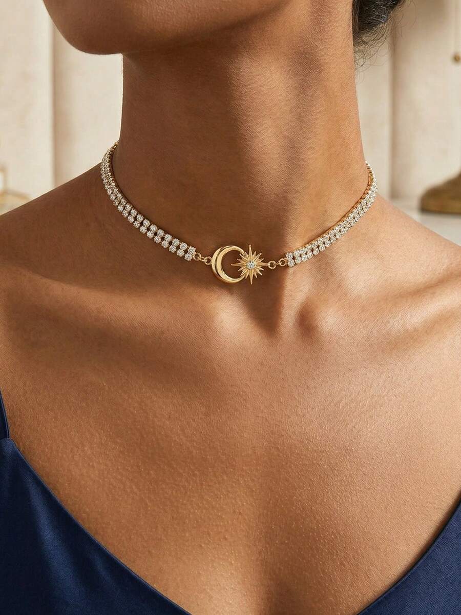 1pc Creative Rhinestone Necklace, Vintage Star & Moon Decor Choker, Suitable For Daily Wear And Party, Adjustable Chain Length - Multicolor - View 1