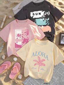 3pcs/Set Summer New Minimalist Tropical Beach Coconut Tree Floral Daily Casual Round Neck Short Sleeve T-Shirt, Fashionable & Versatile Women Tops - Dark Grey - View 1