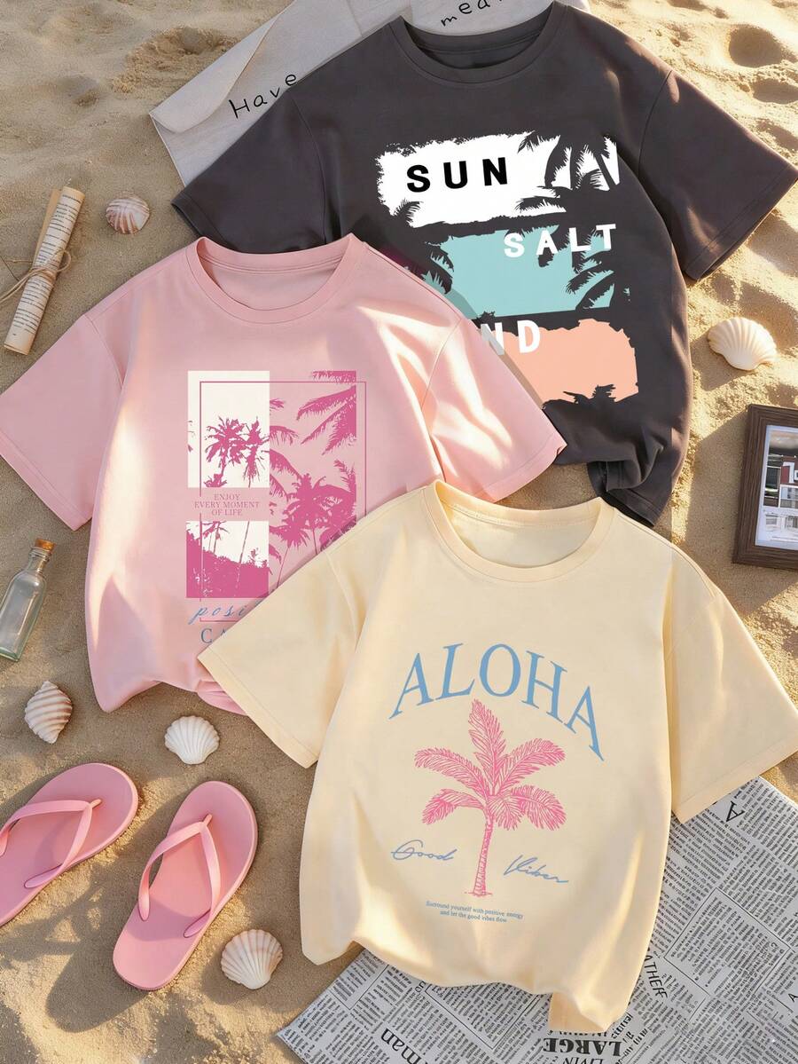 3pcs/Set Summer New Minimalist Tropical Beach Coconut Tree Floral Daily Casual Round Neck Short Sleeve T-Shirt, Fashionable & Versatile Women Tops - Dark Grey - View 1