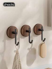 choxila 1/2/4pcs Simple Wooden Wall Hooks, Multi-Functional Adhesive Hooks, Waterproof & Durable, Strong Adhesion, Suitable For Hanging Towels, Clothes, Bath Balls, Etc., Ideal For Living Room, Kitchen, Bathroom - Brown - View 6