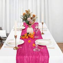 1 pezzo Tappeto da tavolo in garza, Tappeto da tavolo in garza di mussolina da 10 piedi, 35x118 pollici, tessuto trasparente bohémien rustico per decorazione di feste, festa di nascità, matrimoni, vacanze - Rosa Rossa - Visualizzare 8