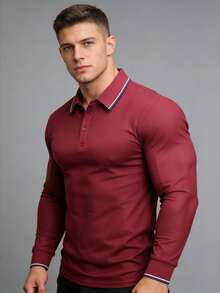 Men's Contrast Collar Long Sleeve Casual Business Commute Polo Shirt, Spring/Autumn - Red - View 2