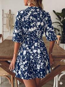 Floral Print Lantern Sleeve V-Neck Mini Dress Elegant Vacation Spring - Royal Blue - View 4