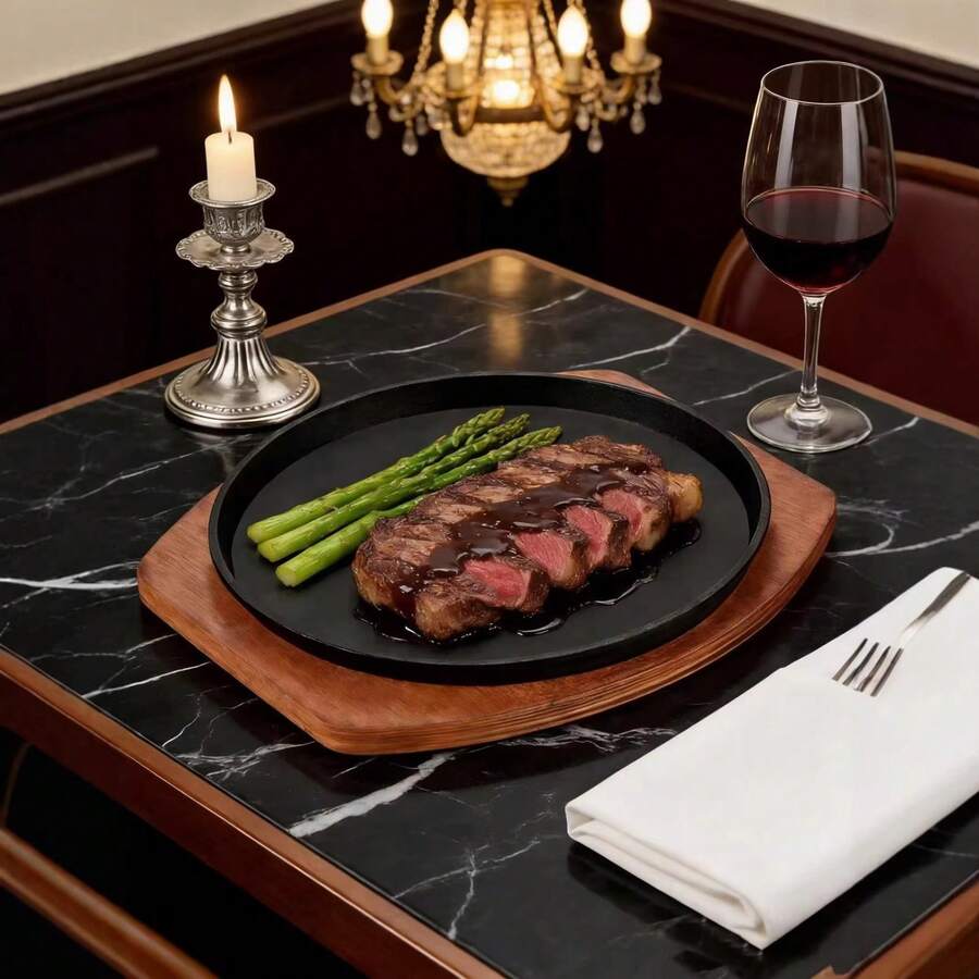圆形铸铁烤盘,带木质底座 - 适用于牛排、法式烤肉、烧烤热菜,适用于餐厅和家庭厨房 - 彩色 - 查看 1