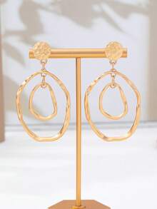 1 Đôi bông tai thời trang thanh lịch, kiểu dáng tối giản, đa năng, rỗng, bất đối xứng, có họa tiết. - Vàng - Xem 2