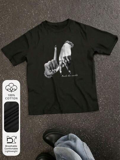 Kadın Sokak Giyim %100 Pamuk Los Angeles Hareket Grafikli Yuvarlak Yaka Kısa Kollu Y2K Yazlık Kadın Bluzları, Kadın Parti %100 Pamuk Rock The World Grafikli Yuvarlak Yaka Kısa Kollu Vintage Yazlık Siyah Kadın Tişörtleri.