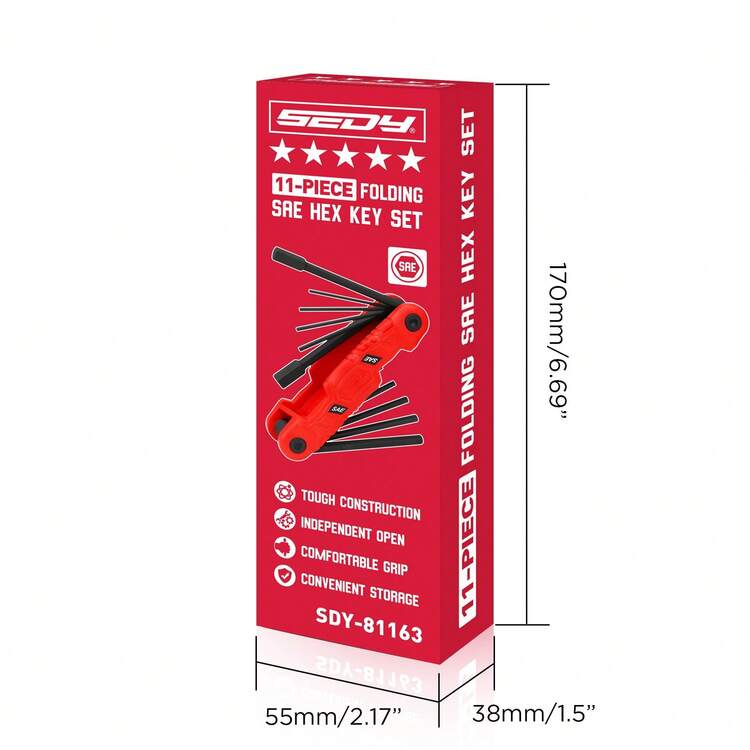 SEDY 11件套折叠式六角扳手套装 SAE 3/32"–1/2"，便携式折叠式多功能内六角扳手，男士DIY工具及男士礼品，适用于汽车维修、家具组装、自行车保养、家居DIY、车库维修及户外使用。 - A - 查看 11