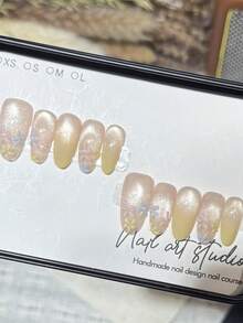 10pcs Spring Floral Handmade Press On Nails, Nude Cat Eye Nails Pastel 3D Flower Fake Nails, Medium Oval Nails Perfect For Summer & Daily Wear, With Jelly Glue And Nail File, DIY Nail Art Supplies - Champagne - View 6
