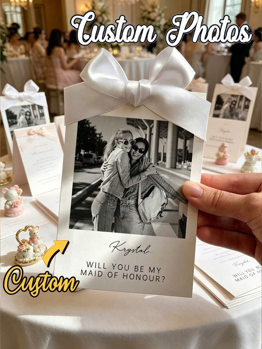 Customized Photo & Text Bridesmaid Proposal Cards, Minimalist Style Bridesmaid Proposal Card Template With Bow, Will You Be My Bridesmaid Cards, Hair Accessories For Women, Spring-Collection, Adjustable-Fit - Multicolor - View 1