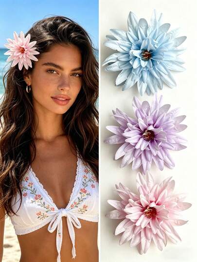 3pcs Elegant Faux Flower Hair Clips,13cm/5.12in Blue/Purple/Pink Faux Flower Minimalist Solid Color Side Clips,Bohemian Style,Fashion & Elegant Hair Accessories For Women And Girls,Spring/Summer,Daily Wear,Ponytail,Bun,Beach Vacations,Parties,Weddings,Gifts,Hairpin Hair Barrettes Claw Clips Hair Clips Head Accessories Hair Accessories