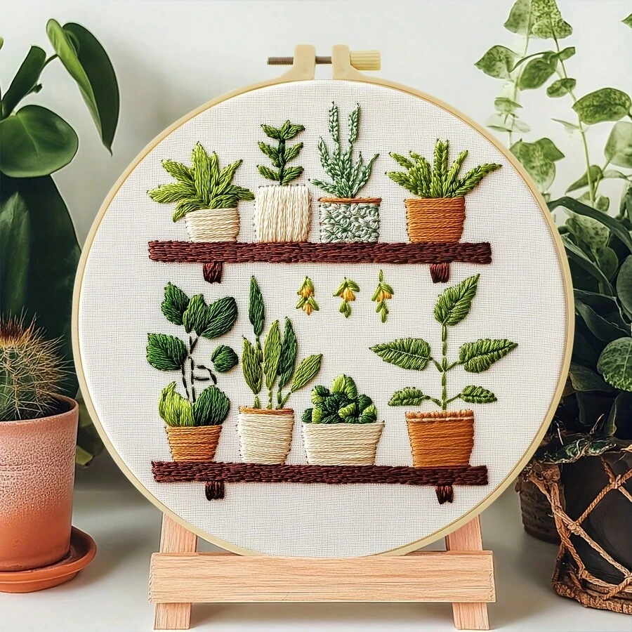 One Embroidery Kit, 20x20 Cm / 7.9x7.9 Inches, Featuring Green Plants. This DIY Embroidery Kit Is Suitable For Adults And Beginners And Includes Fabric, Instructions, A Frame, And Needle And Thread. It Makes A Great Holiday Gift, Furniture, Or Office Craft For Friends Or Family.