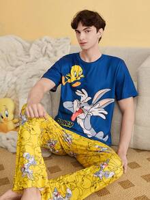 Noctvar OBM Sleepwear X LOONEY TUNES Cartoon Rabbit & Tweetie Bird Print Pajama Set, Men's Contrast Color Comfortable Long Sleeve & Long Pants Loungewear - Multicolor - View 1