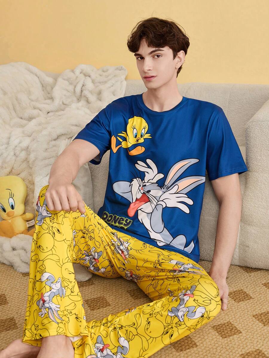 Noctvar OBM Sleepwear X LOONEY TUNES Cartoon Rabbit & Tweetie Bird Print Pajama Set, Men's Contrast Color Comfortable Long Sleeve & Long Pants Loungewear - Multicolor - View 1