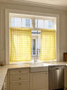 1pc American Style Plaid Short Curtain, Yellow & White Checkered Short Curtain For Kitchen/Bathroom, Soft & Comfortable - Yellowish-white - View 2