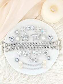 24pcs Set Luxury Crystal Flower Pearl Chain Detachable Alloy Shoe Charms, High-End Decorative Accessories For Clogs Shoes - Silver - View 7