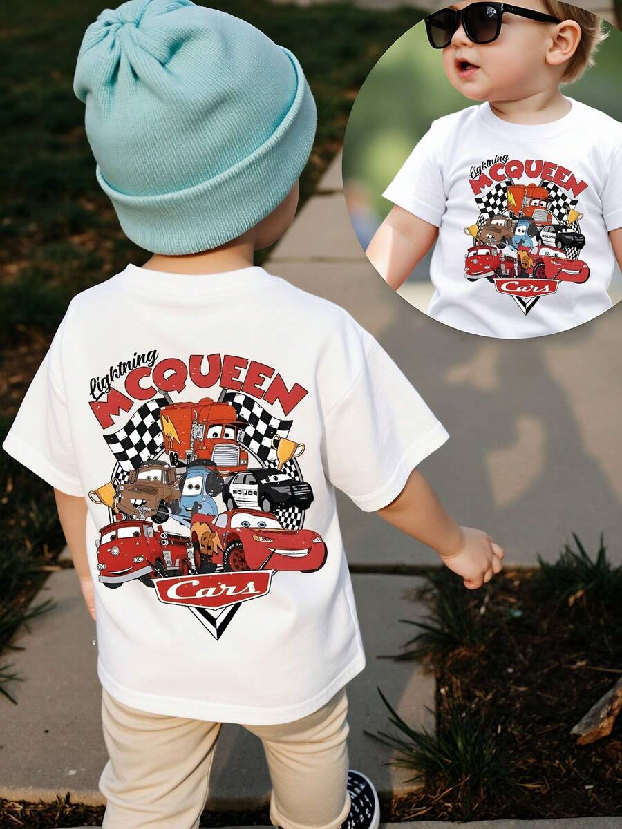 Disney's New Cars Theme Pattern, Featuring The Core Character "Lightning McQueen Print - Children's Clothing Design, Vest, Daily Outings, Casual And Cute, Comfortable And Loose, Suitable For Both Boys And Girls, Ideal For Gatherings And Play, Washable, Girls' Short Sleeved Shirt, Gift Dishnei>Clothing Shirt Pattern T-Shirt, Toddler Boy Clothes Tops Kids Girls Clothing Mom And Daughter Matching Outfit - trắng - Xem 1