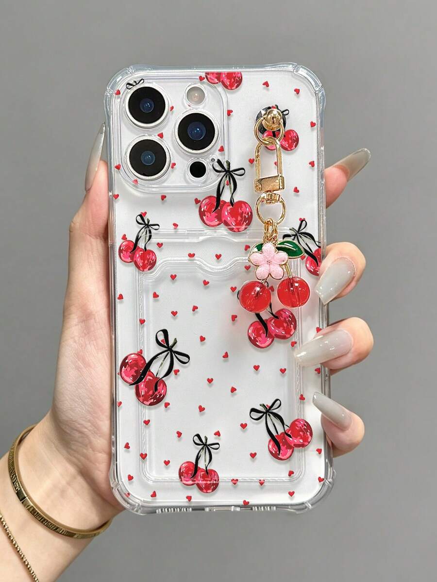 樱桃彩绘透明方形卡包多功能钱包，配有樱桃吊坠配件，加厚防摔手机保护壳，兼容 17/17 Pro/17 Pro Max、16/11/16 Pro/16 Plus/16 Pro Max/16e、15 Pro Max、13/14/12/XS/XR/7G/8P 以及 Galaxy S25/S25 Plus/S25 Ultra、A16/A36/A26/A56/A50/A12/A32/A52/A72/A51/A21S/A13/A14、S24/S24 Plus/S24 Ultra、S20/S23/S22、A53、S20 FE、S26。 - 粉色 - 查看 1