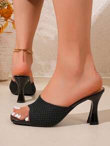 Women's Chunky High Heel Sandals, Summer, Solid Color, Open Toe, Slip-On, Suitable For Ladies High Heel Slippers - Black - View 3