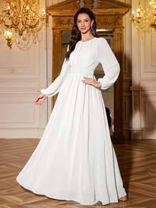 Volly Toych Gaun Pengantin Lengan Panjang Chiffon Putih Elegan dengan Detail Ruffle dan Leher Bulat, Cocok untuk Acara Spesial, Pernikahan, Lengan Tanpa Lapisan Dalam - Putih - View 7