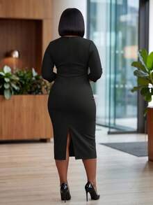 Elegant Midi Dress For Women, Fitted Silhouette, Red Color, Suitable For Afternoon Tea, Church, Office, Date, Birthday Party, Casual Wear, Spring & Autumn - Black - View 5