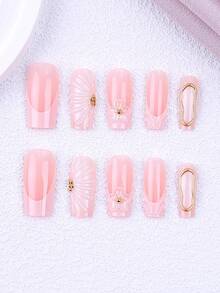 NAIO 24pcs/Set Spring And Summer Press On Nails Long Square Nail Tips, Y2K Baddie Style, Available In Nude, Pink, White, And Gold Colors, As Well As Nail Polish, Gel Nails, And French Manicures With Pointed Tips, Adorned With 3D Sculpted Flowers And Gold Beads.Suitable For Women And Girls, Party, Daily Wear, Comes With Tool Kit, Great Gift For Ladies Nails Nail Supplies - Multicolor - View 2